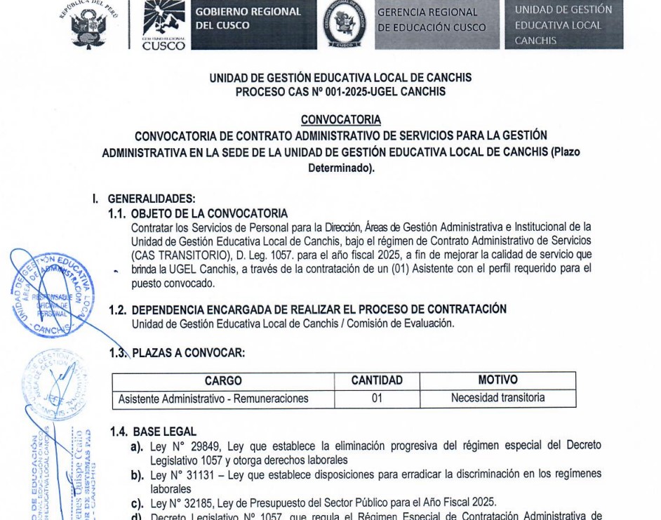 Convocatoria de contrato administrativo de servicios para la gestión administrativa en la sede de la Unidad de Gestión Educativa Local de Canchis (Plazo Determinado).