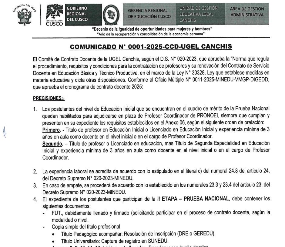 Contrato Docente - COMUNICADO N° 0001-2025-CCD-UGEL CANCHIS