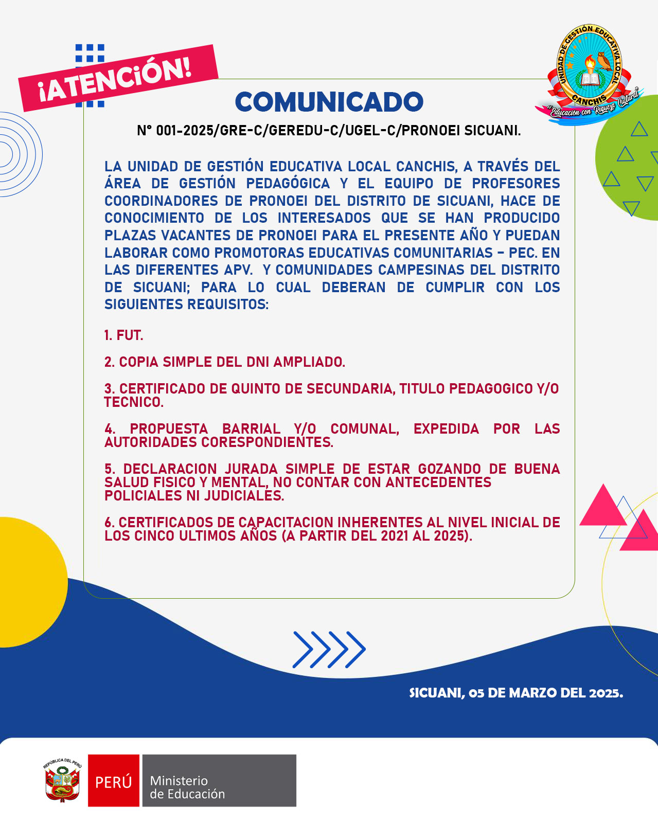 Proceso de CONTRATA DE PEC. PRONOEI DISTRITO SICUANI – 2025 DE ATENCION DIRECTA DE LA UGEL CANCHIS.