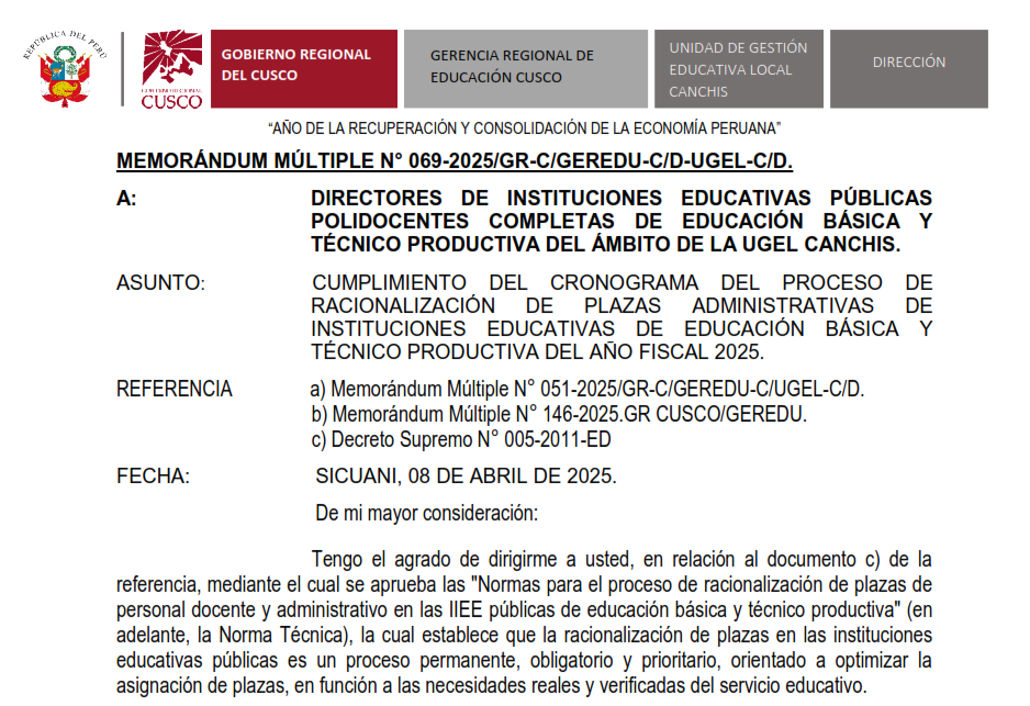 Cumplimiento del cronograma del proceso de racionalización de plazas administrativas de instituciones educativas de educación básica y técnico productiva del año fiscal 2025