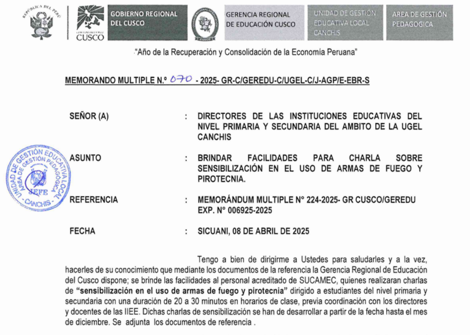brindar facilidades para charla sobre sensibilización en el uso de armas de fuego y pirotecnia.