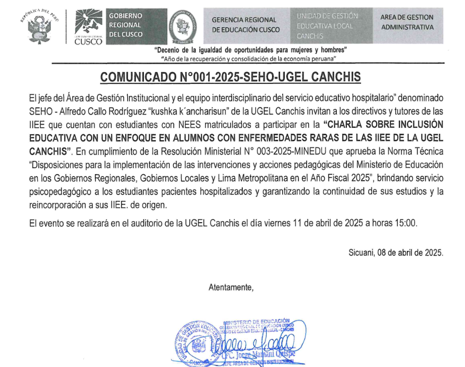 Comunicado Nº001-2025-SEHO-UGEL CANCHIS