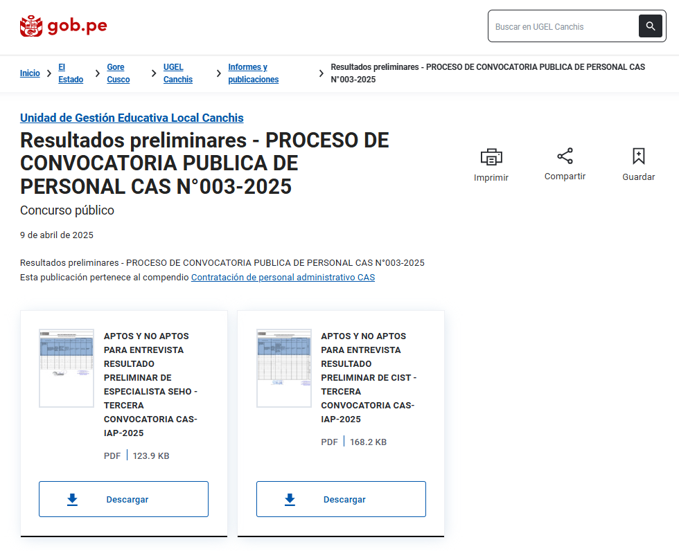 Resultados preliminares - PROCESO DE CONVOCATORIA PUBLICA DE PERSONAL CAS N°003-2025