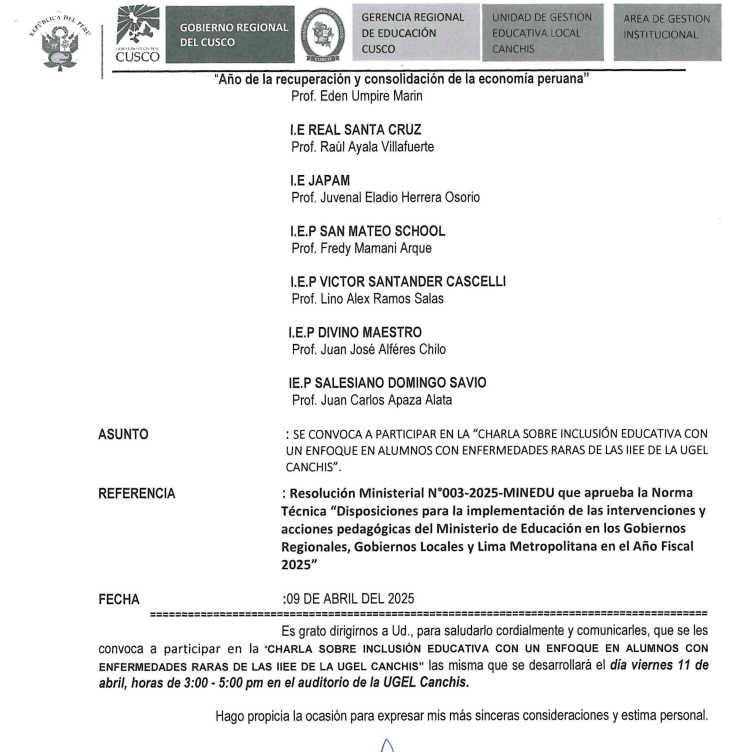 Se convoca a participar en la &quot;CHARLA SOBRE INCLUSIÓN EDUCATIVA CON UN ENFOQUE EN ALUMNOS CON ENFERMEDADES RARAS DE LAS IIEE DE LA UGEL CANCHIS&quot;