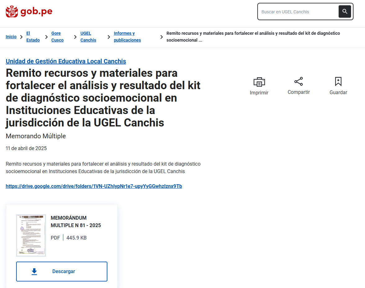 Remito recursos y materiales para fortalecer el análisis y resultado del kit de diagnóstico socioemocional en Instituciones Educativas de la jurisdicción de la UGEL Canchis