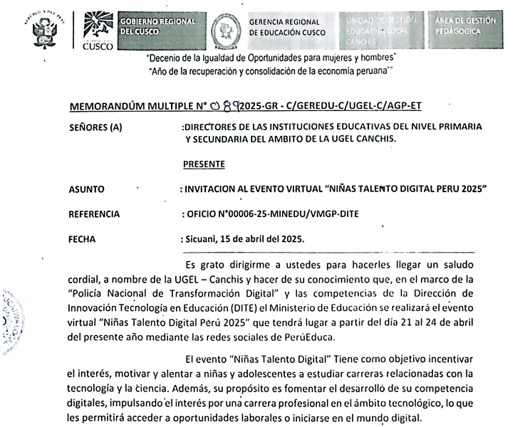 Invitación al evento virtual NIÑAS TALENTO DIGITAL PERU 2025;