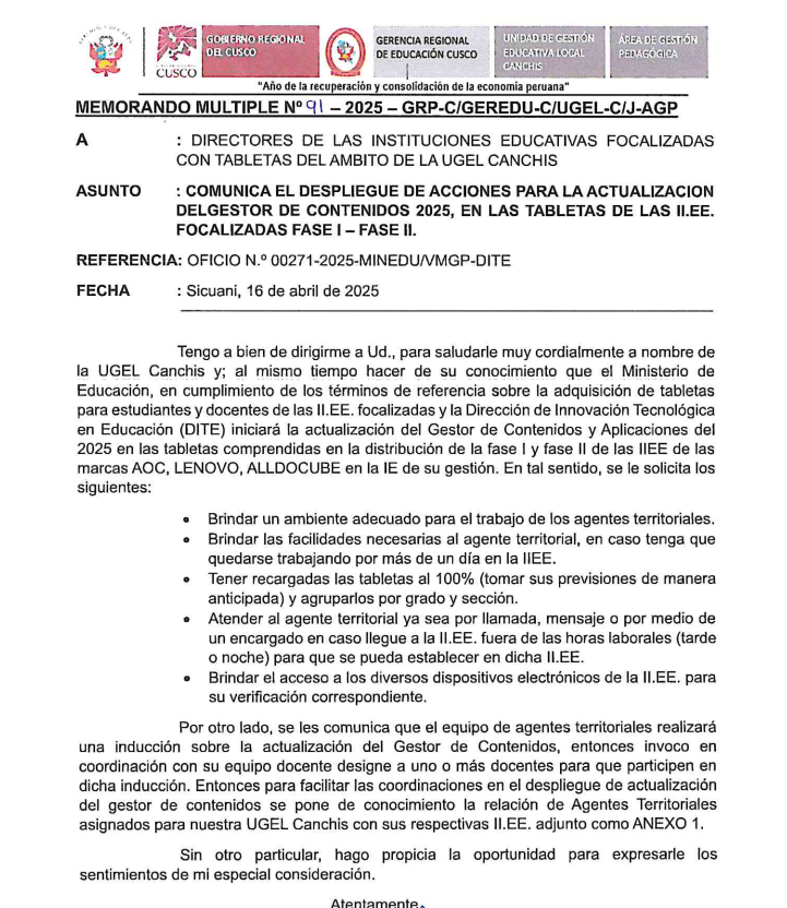 Comunica el despliegue de acciones para la actualización del gestor de contenidos 2025, en las tabletas de las II.EE. FOCALIZADAS FASE I - FASE II.