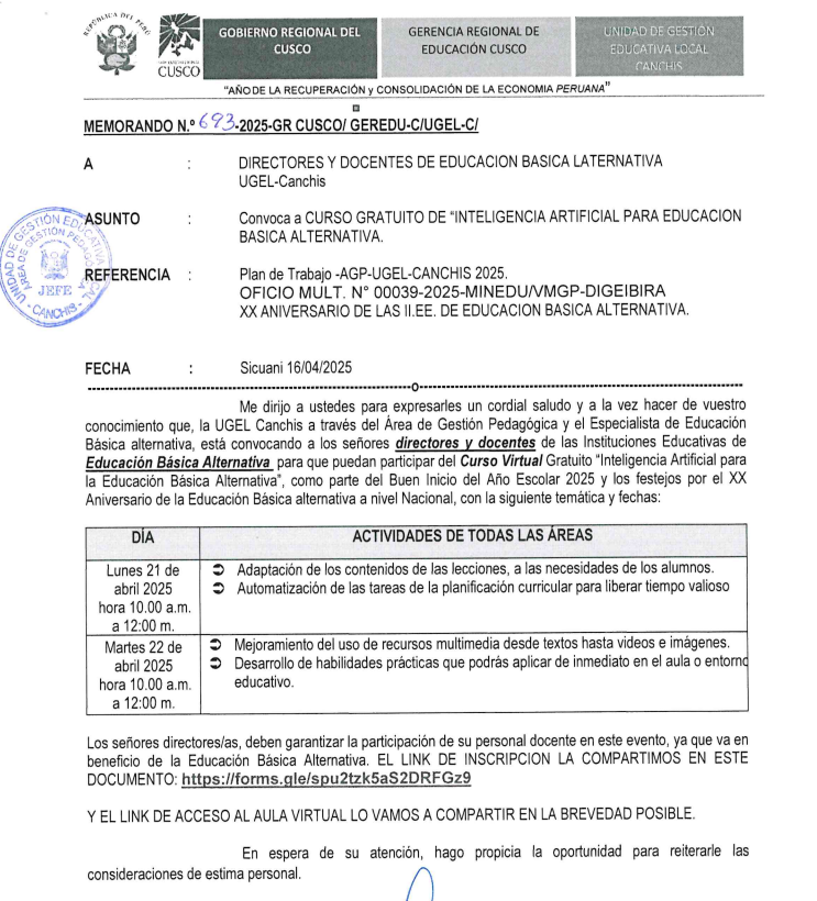 Convoca a CURSO GRATUITO DE INTELIGENCIA ARTIFICIAL PARA EDUCACION BASICA ALTERNATIVA.