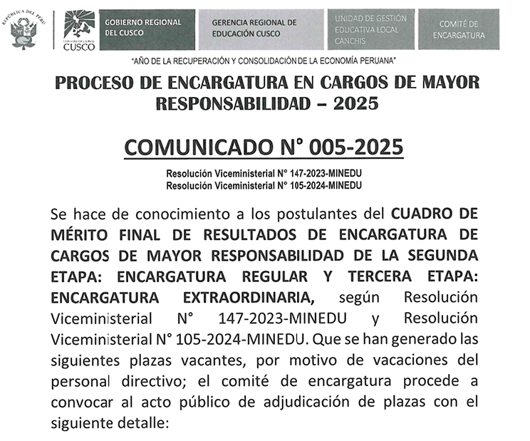 PROCESO DE ENCARGATURA EN CARGOS DE MAYOR RESPONSABILIDAD - 2025 COMUNICADO N° 005-2025