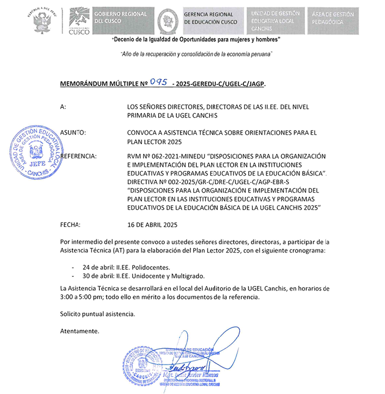 Convoca a asistencia técnica sobre orientaciones para el plan lector 2025