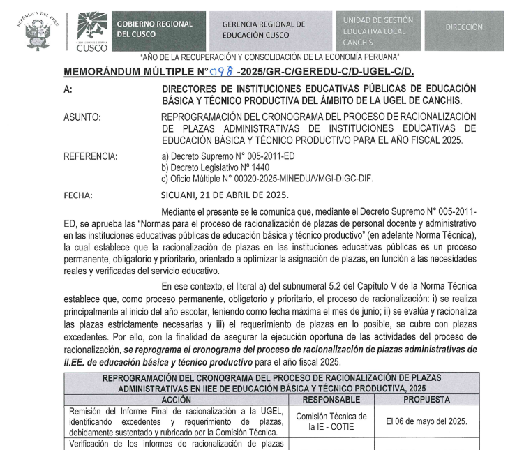 reprogramación del cronograma del proceso de racionalización de plazas administrativas de instituciones educativas de educación básica y técnico productivo para el año fiscal 2025.