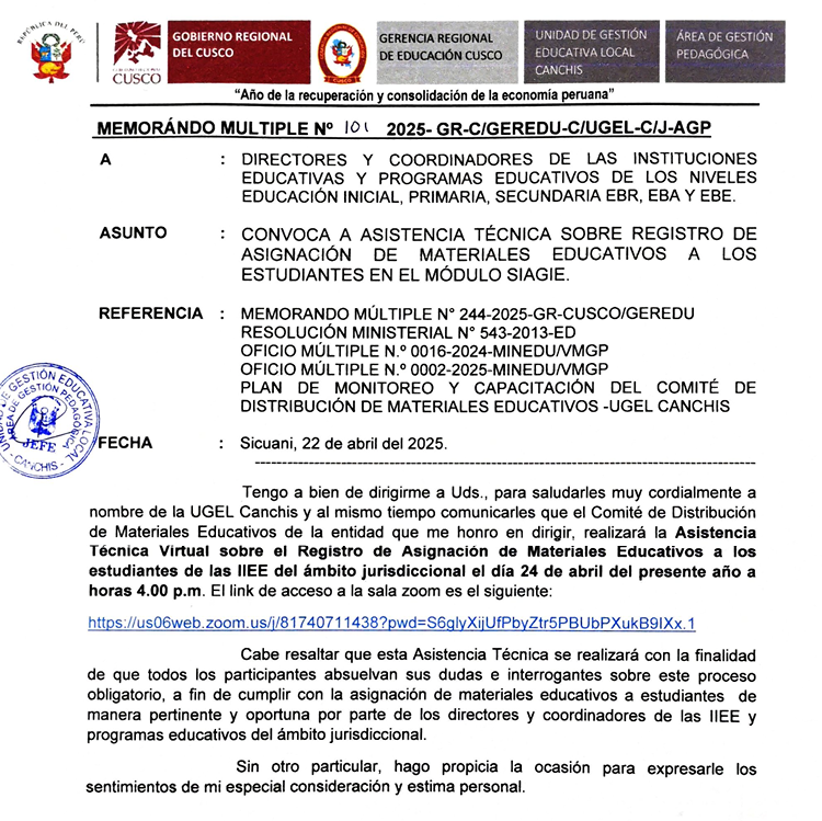 CONVOCA A ASISTENCIA TÉCNICA SOBRE REGISTRO DE ASIGNACIÓN DE MATERIALES EDUCATIVOS A LOS ESTUDIANTES EN EL MÓDULO SIAGIE.