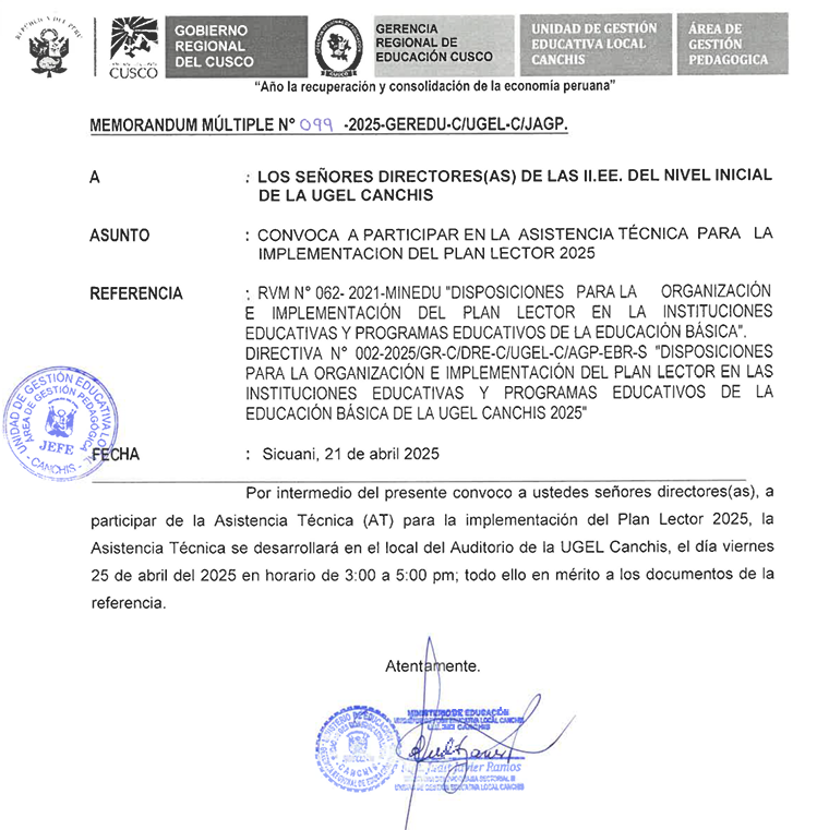 Convoca a participar en la asistencia técnica para la implementación del plan lector 2025