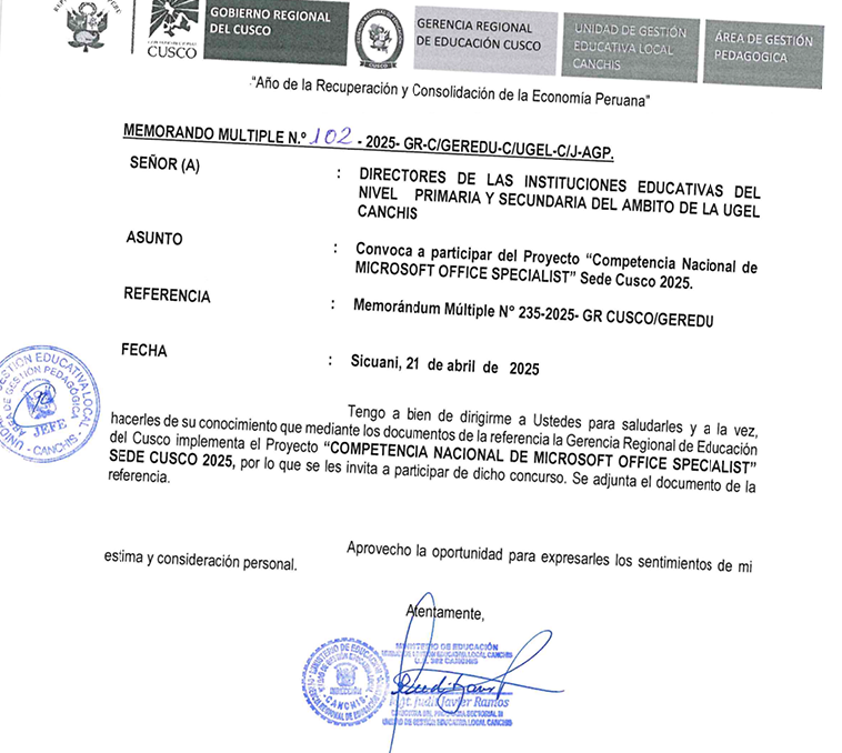 Convoca a participar del Proyecto “Competencia Nacional de MICROSOFT OFFICE SPECIALIST” Sede Cusco 2025.