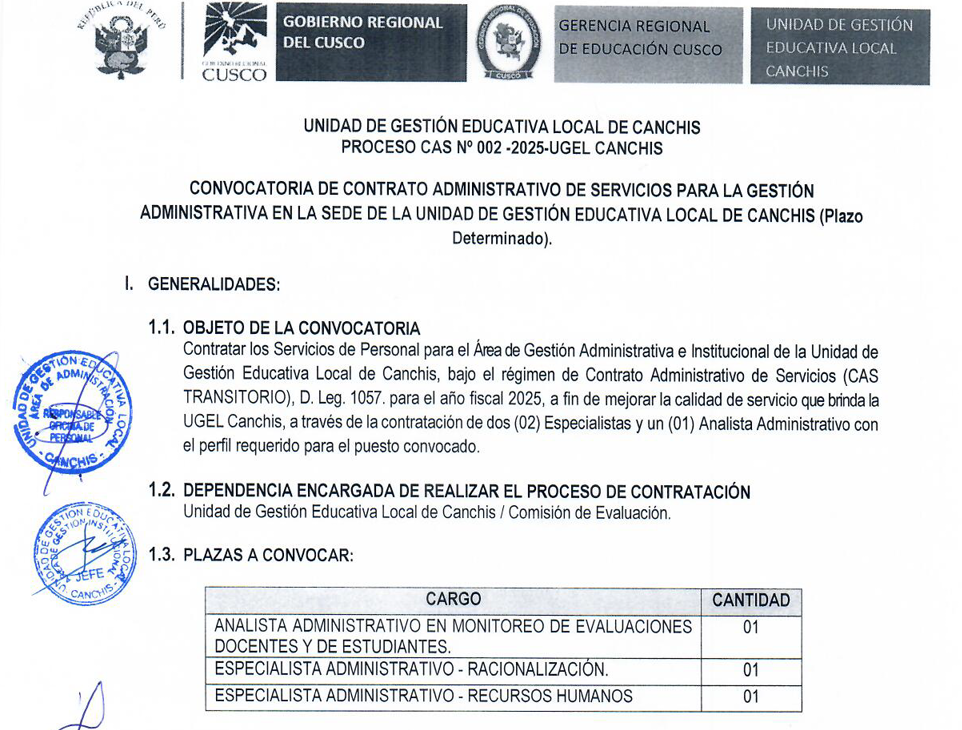 CONVOCATORIA DE CONTRATO ADMINISTRATIVO DE SERVICIOS PARA LA GESTIÓN ADMINISTRATIVA EN LA SEDE DE LA UNIDAD DE GESTIÓN EDUCATIVA LOCAL DE CANCHIS (Plazo Determinado).