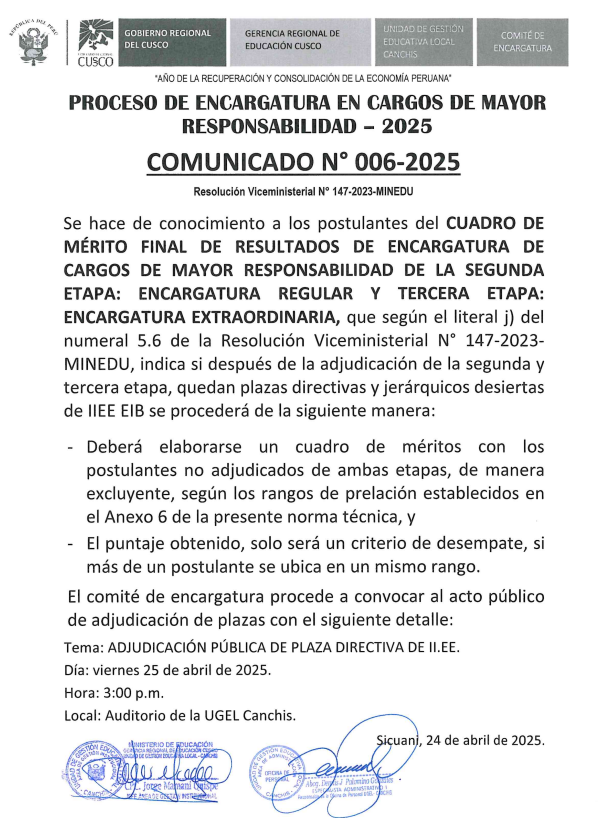 Comunicado N° 006 - 2025 - PROCESO DE ENCARGATURA EN CARGOS DE MAYOR RESPONSABILIDAD - 2025