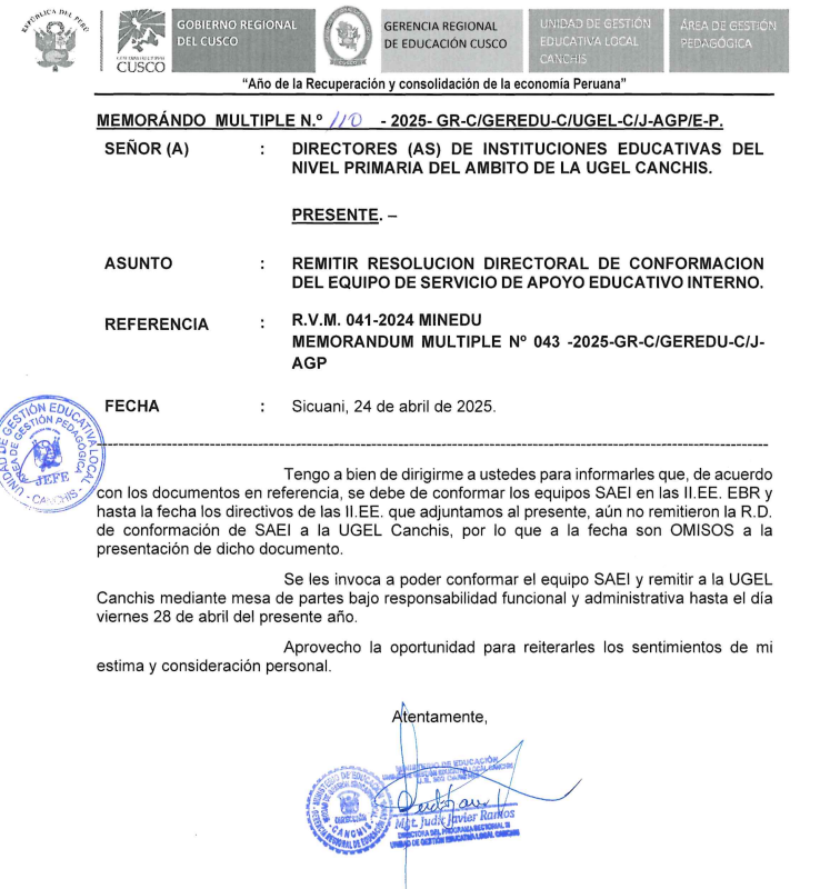 Remitir resolución directoral de conformación del equipo de servicio de apoyo educativo interno.