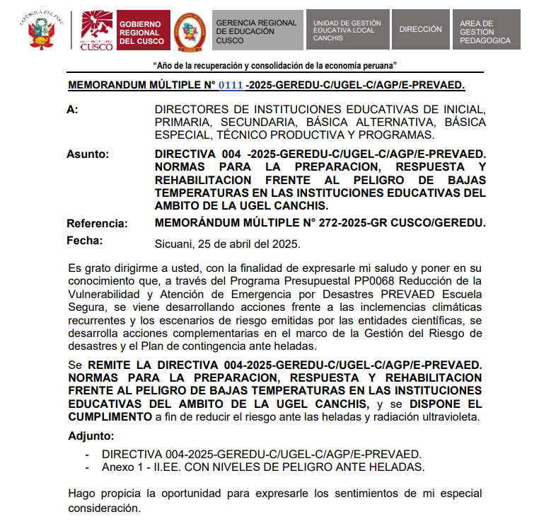 Normas para la preparación, respuesta y rehabilitación frente al peligro de bajas temperaturas en las instituciones educativas del ámbito de la UGEL CANCHIS.