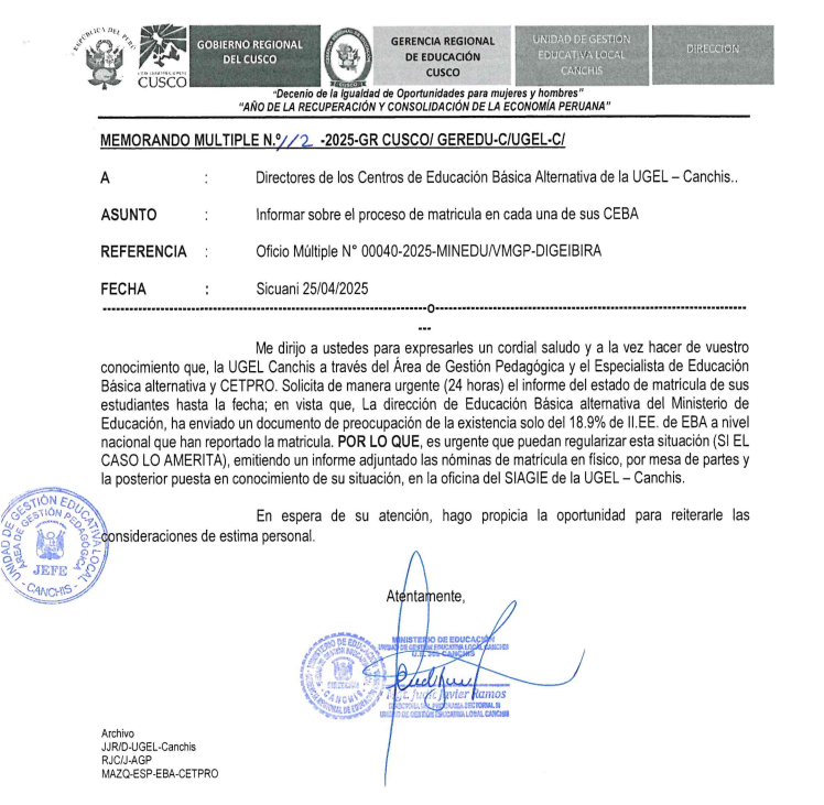 Informar sobre el proceso de matricula en cada una de sus CEBA