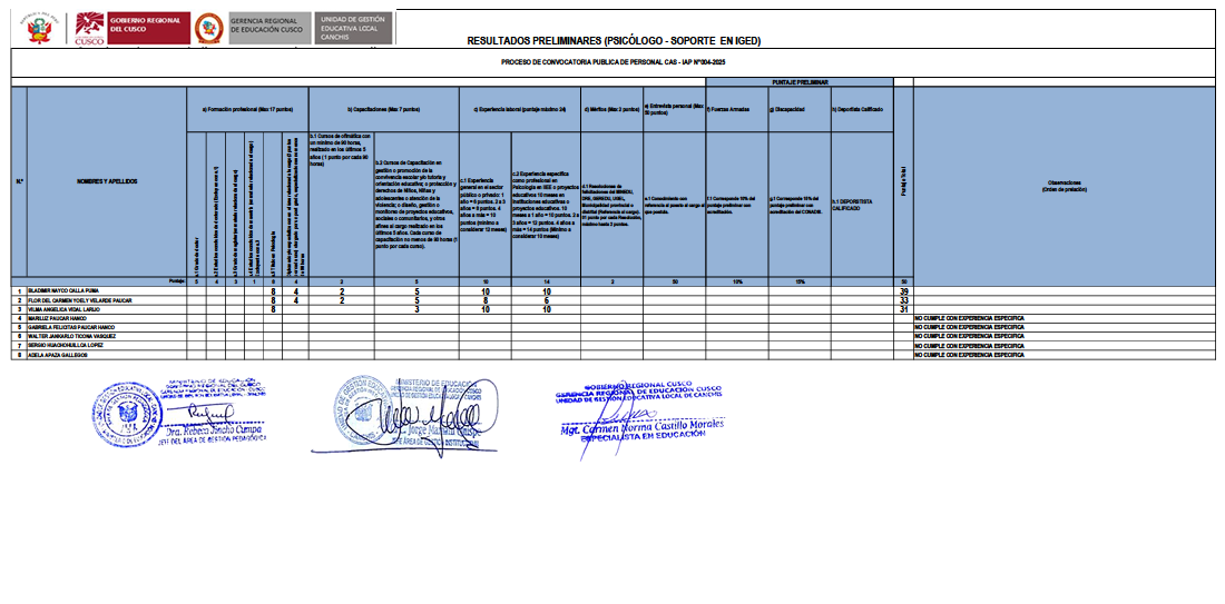 Resultados preliminares - PROCESO DE CONVOCATORIA PUBLICA DE PERSONAL CAS - IAP N°004-2025