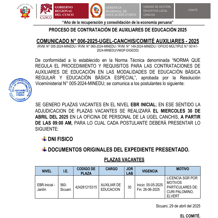 Comunicado N° 006-2025 - PROCESO DE CONTRATACIÓN DE AUXILIARES DE EDUCACIÓN