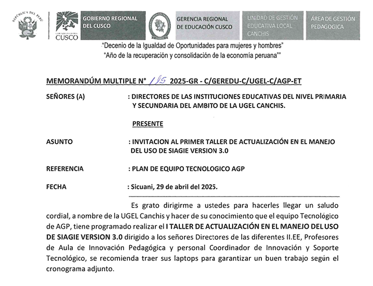 invitación al primer taller de actualización en el manejo del uso de SIAGIE VERSION 3.0