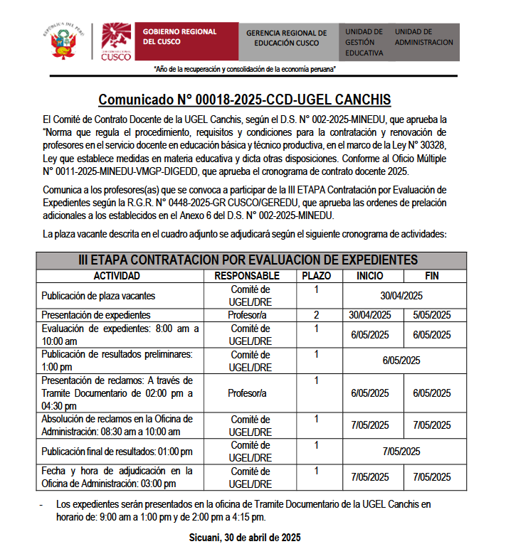 Comunicado N° 00018-2025-CCD-UGEL CANCHIS