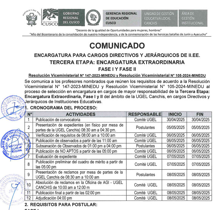 Comunicado - ENCARGATURA PARA CARGOS DIRECTIVOS Y JERÁRQUICOS DE II.EE. TERCERA ETAPA: ENCARGATURA EXTRAORDINARIA FASE I Y FASE II