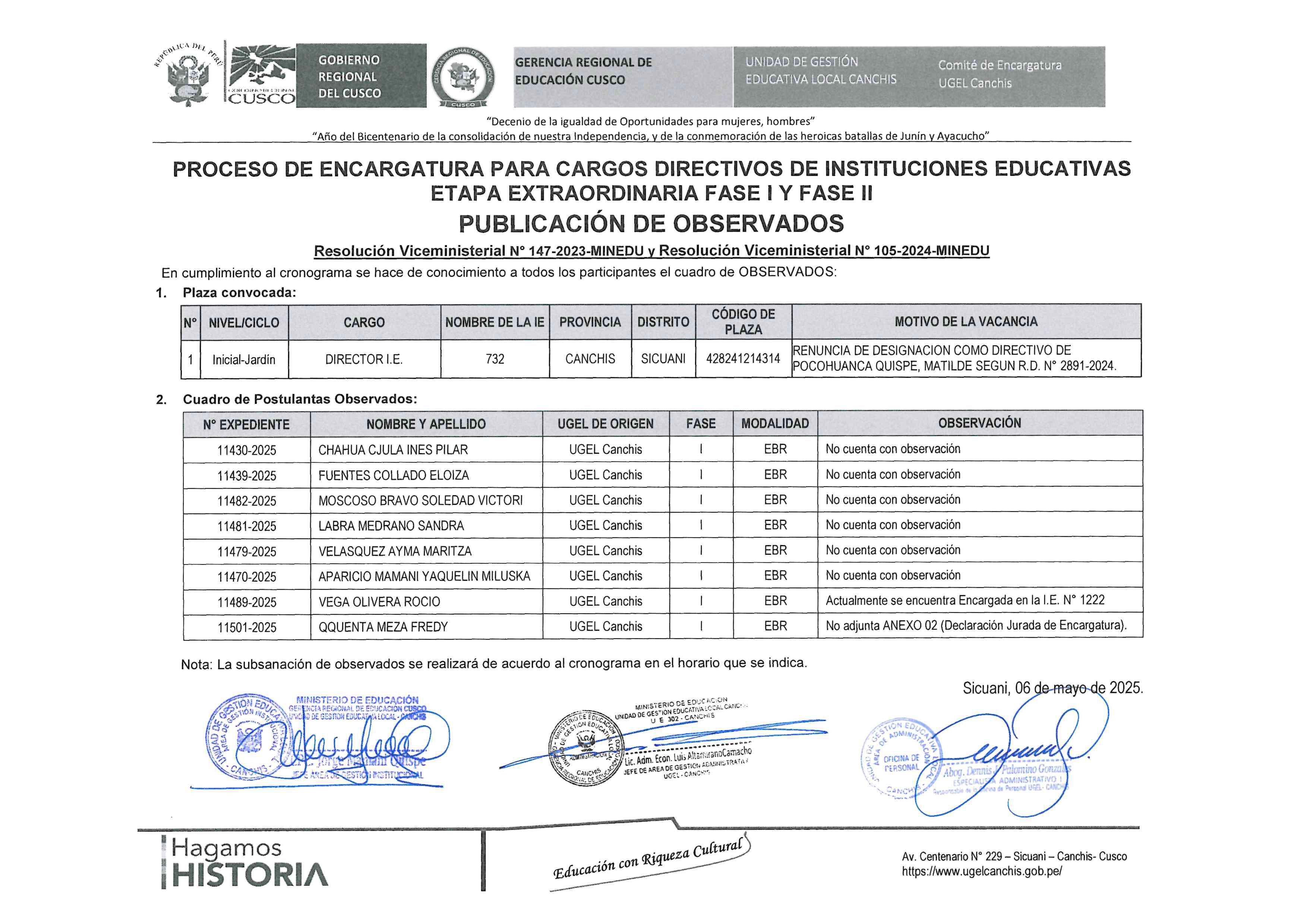 Observados - PROCESO DE ENCARGATURA PARA CARGOS DIRECTIVOS DE INSTITUCIONES EDUCATIVAS ETAPA EXTRAORDINARIA FASE I Y FASE II