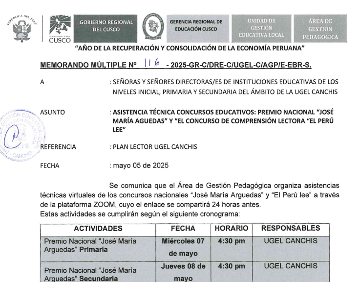 Asistencia técnica concursos educativos: premio nacional &quot;JOSÉ MARÍA AGUEDAS&quot; Y &quot;EL CONCURSO DE COMPRENSIÓN LECTORA &quot;EL PERÚ LEE&quot;