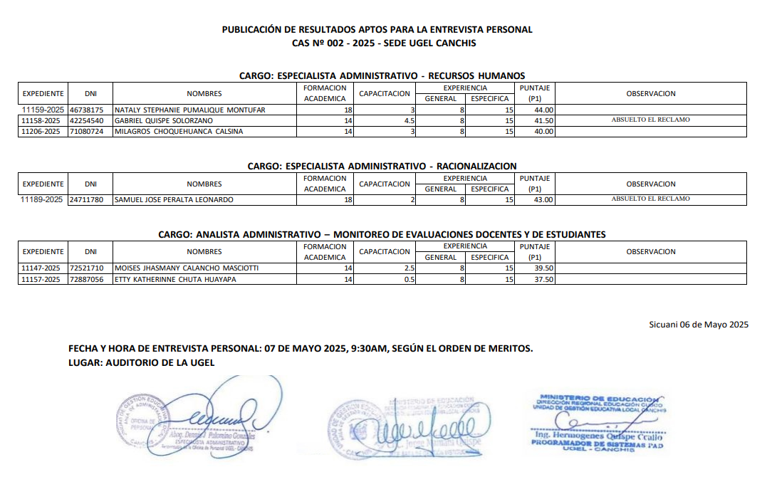 Publicación de resultados aptos para la entrevista personal CAS Nº 002 - 2025 - SEDE UGEL CANCHIS