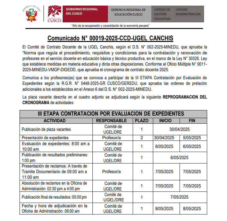 Comunicado N° 00019-2025-Contrato Docente de la UGEL Canchis