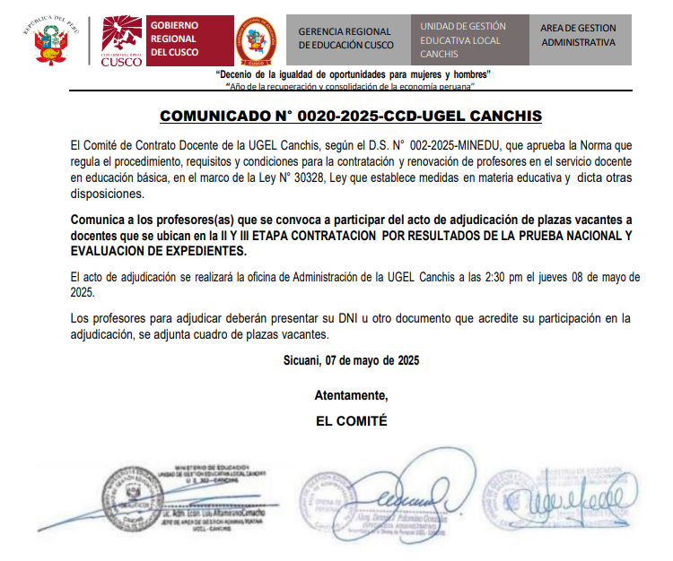 COMUNICADO N° 0020-2025 - Contrato Docente de la UGEL Canchis