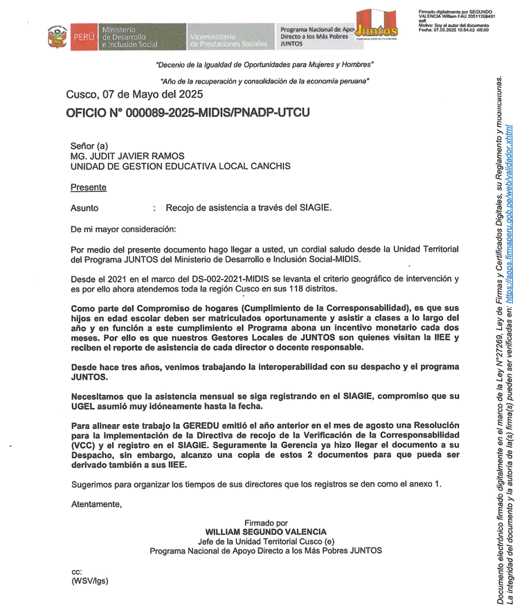 Recojo de asistencia a través del SIAGIE.