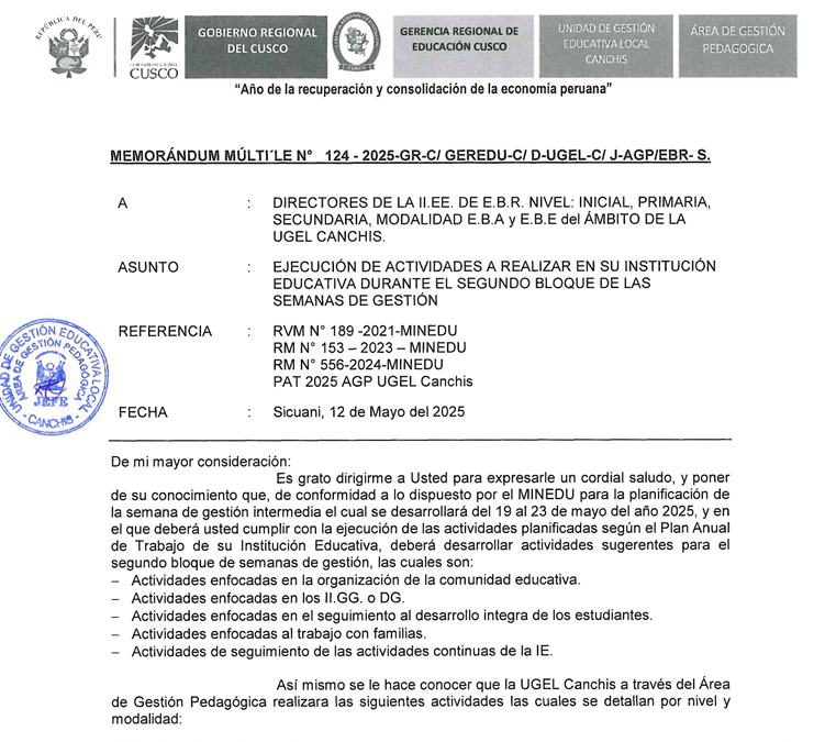 Ejecución de actividades a realizar en su institución educativa durante el segundo bloque de las semanas de gestión