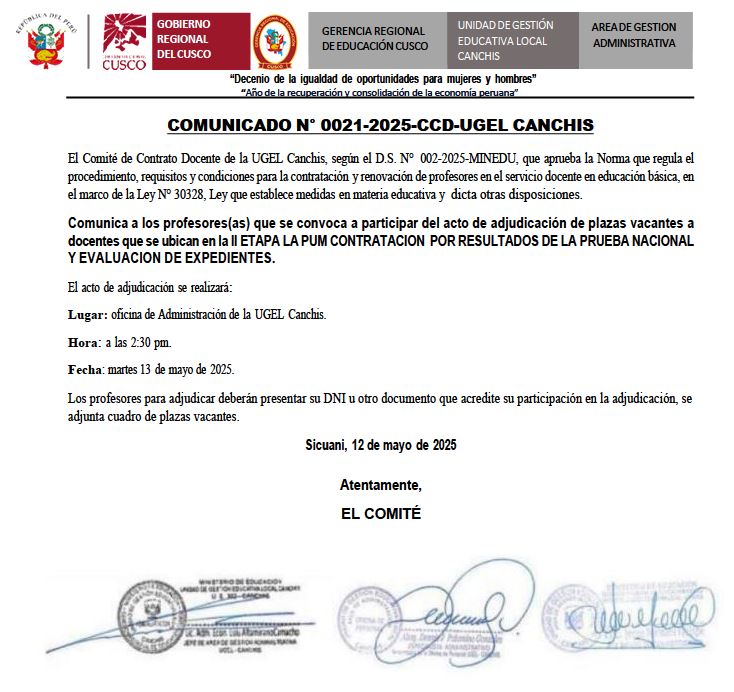 COMUNICADO N° 0021-2025 - Contrato Docente de la UGEL Canchis