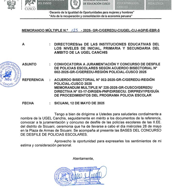 Convocatoria a juramentación y concurso de desfile de policías escolares según acuerdo BISECTORIAL N° 002-2025-GR-C/GEREDU-REGIÓN POLICIAL-CUSCO 2025