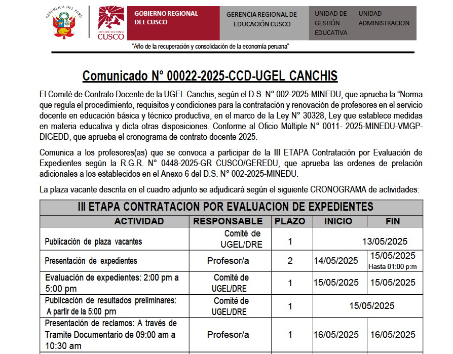 Comunicado N° 00022-2025 - Contrato Docente de la UGEL Canchis
