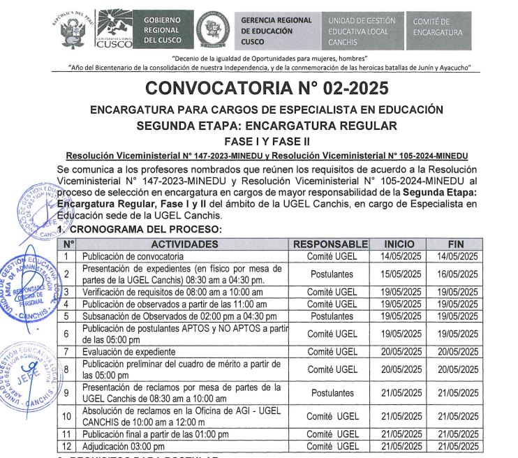 Convocatoria N° 02-2025 ENCARGATURA PARA CARGOS DE ESPECIALISTA EN EDUCACIÓN SEGUNDA ETAPA: ENCARGATURA REGULAR FASE I Y FASE II