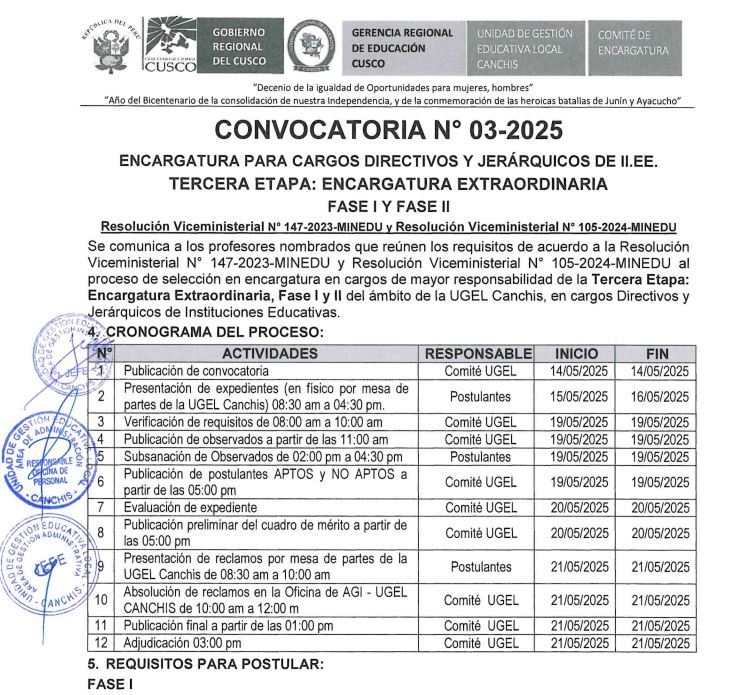 Convocatoria N° 03-2025 ENCARGATURA PARA CARGOS DIRECTIVOS Y JERÁRQUICOS DE II.EE. TERCERA ETAPA: ENCARGATURA EXTRAORDINARIA FASE I Y FASE II