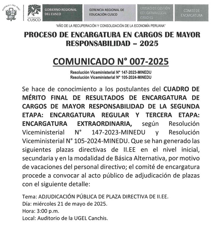 Comunicado N° 007-2025 PROCESO DE ENCARGATURA EN CARGOS DE MAYOR RESPONSABILIDAD - 2025