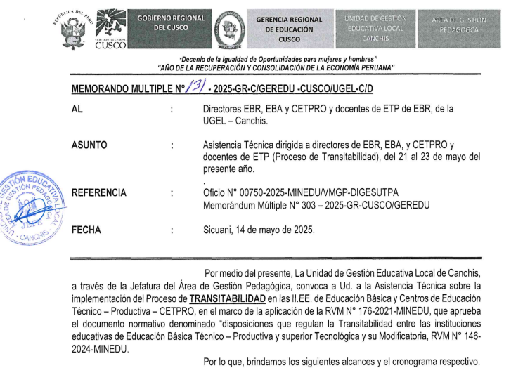 Asistencia Técnica dirigida a directores de EBR, EBA, y CETPRO y docentes de ETP (Proceso de Transitabilidad), del 21 al 23 de mayo del presente año.