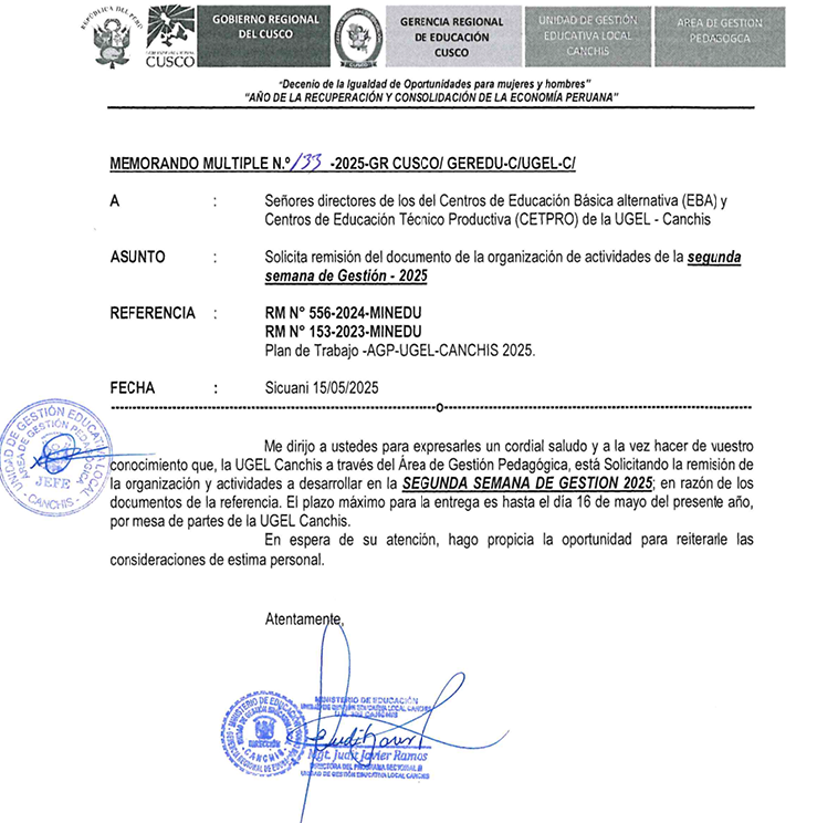 Solicita remisión del documento de la organización de actividades de la segunda semana de Gestión ■ 2025