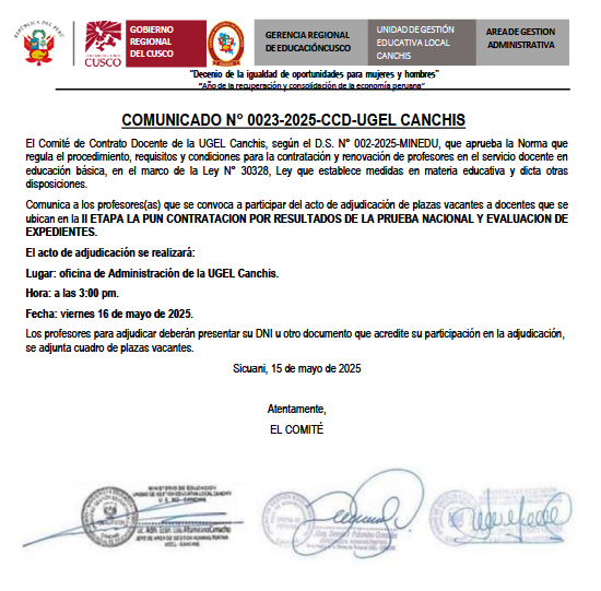 COMUNICADO N° 0023-2025-Contrato Docente de la UGEL Canchis