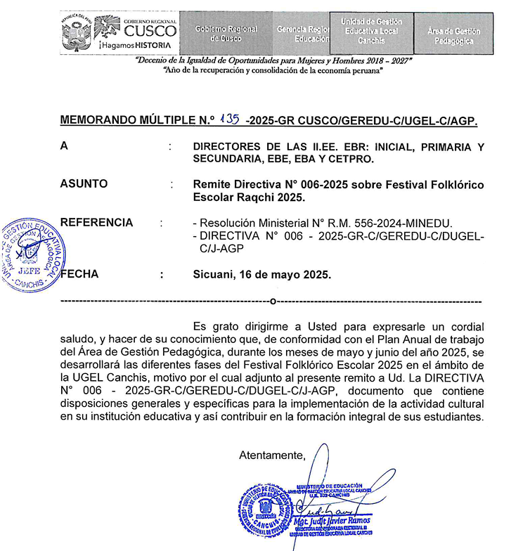 Remite Directiva N° 006-2025 sobre Festival Folklórico Escolar Raqchi 2025.