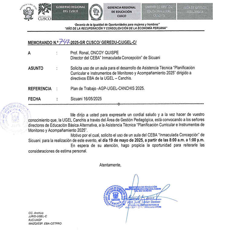 Solicita uso de un aula para el desarrollo de Asistencia Técnica “Planificación Curricular e Instrumentos de Monitoreo y Acompañamiento 2025” dirigido a directivos EBA de la UGEL - Canchis.