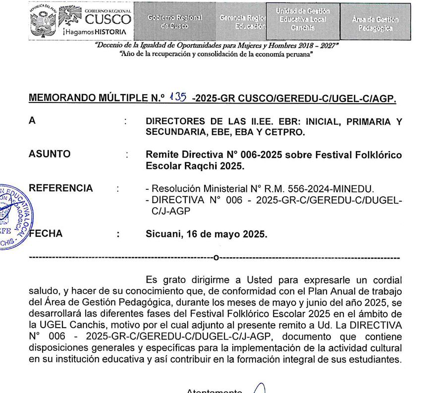 Remite Directiva N° 006-2025 sobre Festival Folklórico Escolar Raqchi 2025.