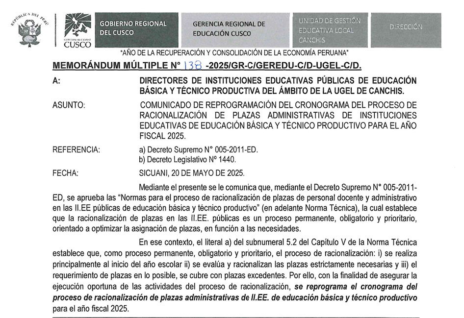 COMUNICADO DE REPROGRAMACIÓN DEL CRONOGRAMA DEL PROCESO DE RACIONALIZACIÓN DE PLAZAS ADMINISTRATIVAS DE INSTITUCIONES EDUCATIVAS DE EDUCACIÓN BÁSICA Y TÉCNICO PRODUCTIVO PARA EL AÑO FISCAL 2025.