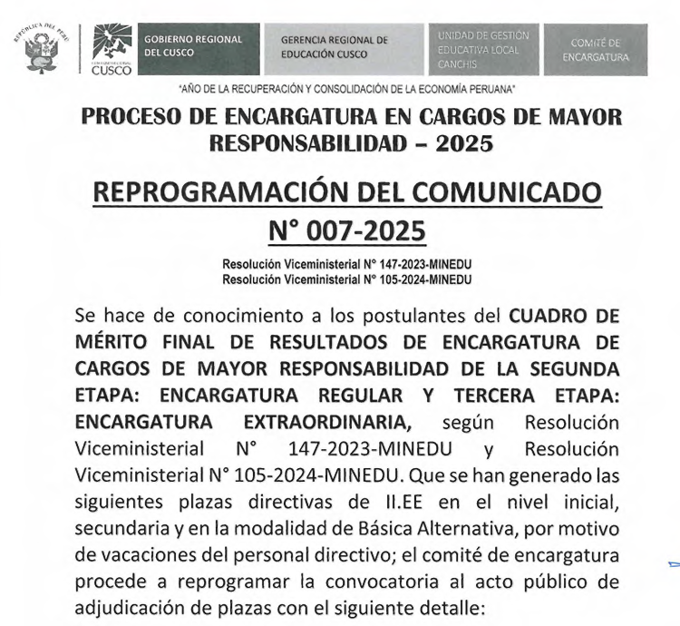Reprogramación del comunicado N° 007-2025 - PROCESO DE ENCARGATURA EN CARGOS DE MAYOR RESPONSABILIDAD - 2025