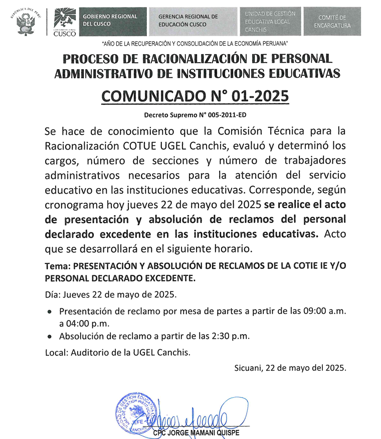 Proceso de racionalización de personal ADMINISTRATIVO DE INSTITUCIONES EDUCATIVAS COMUNICADO N° 01-2025